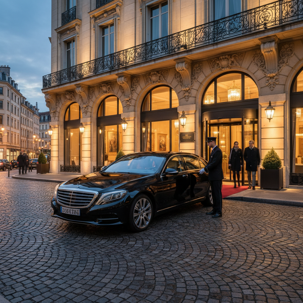 Mercedes noire avec chauffeur VTC devant un hôtel de luxe à Lyon