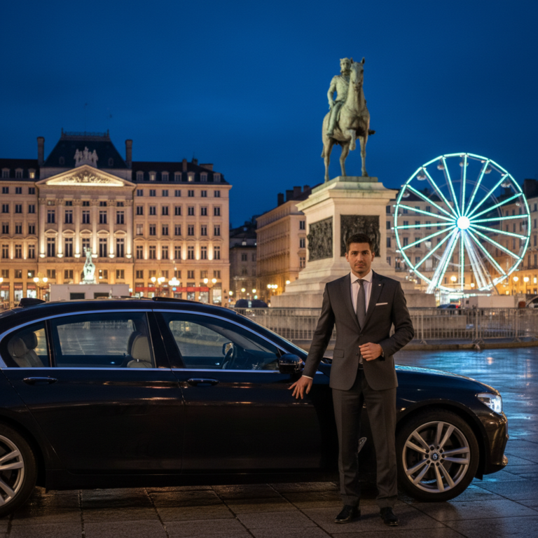 Chauffeur VTC professionnel devant une berline à Lyon Place Bellecour de nuit