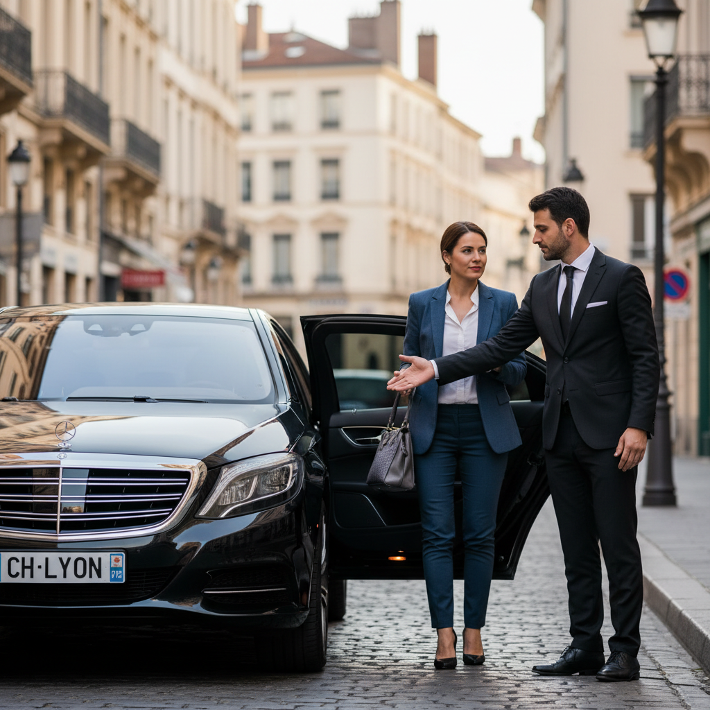 Chauffeur VTC professionnel ouvrant la portière à Lyon - service de transport premium
