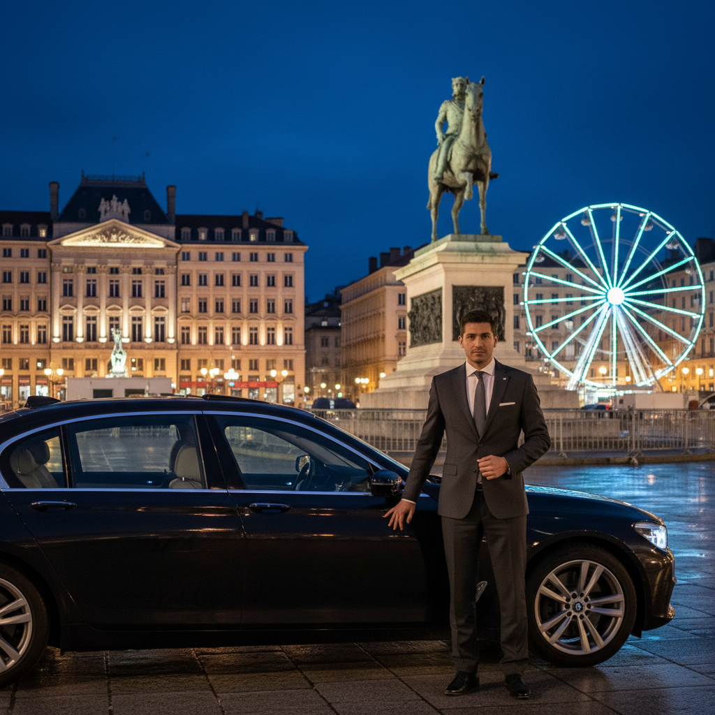 Chauffeur VTC professionnel devant une berline à Lyon Place Bellecour de nuit