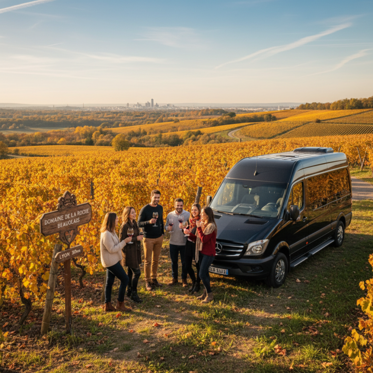 Groupe d'amis dégustant du vin dans les vignobles du Beaujolais avec van VTC