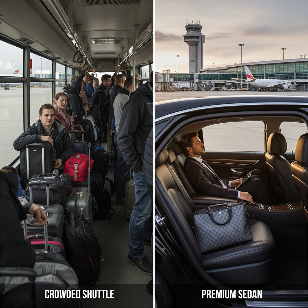 Comparaison entre une navette bus bondée et un VTC confortable à l’aéroport de Lyon