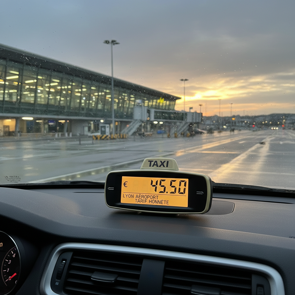 Compteur de taxi avec vue sur le terminal de l'aéroport de Lyon