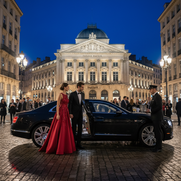 Couple en tenue de soirée montant dans une berline VTC à Lyon