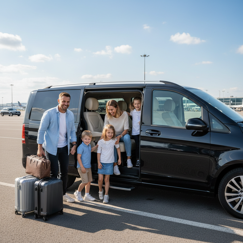 Famille embarquant dans un van 7 places pour un transfert aéroport à Lyon