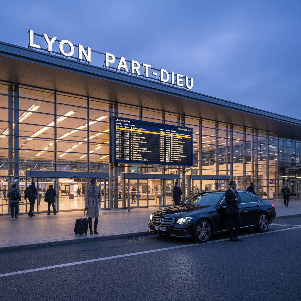 Gare Lyon Part-Dieu à l'aube avec un VTC en attente pour transfert aéroport