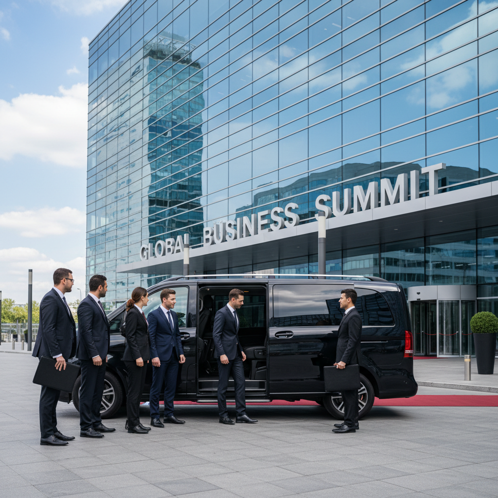 Groupe de professionnels montant dans un van VTC devant un centre de congrès à Lyon