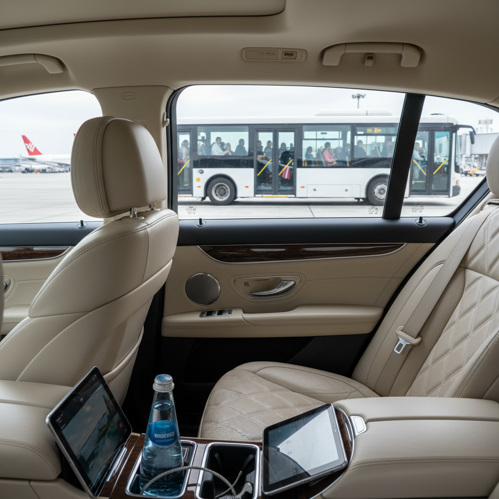 Intérieur confortable d’un VTC comparé à une navette bondée pour l’aéroport de Lyon