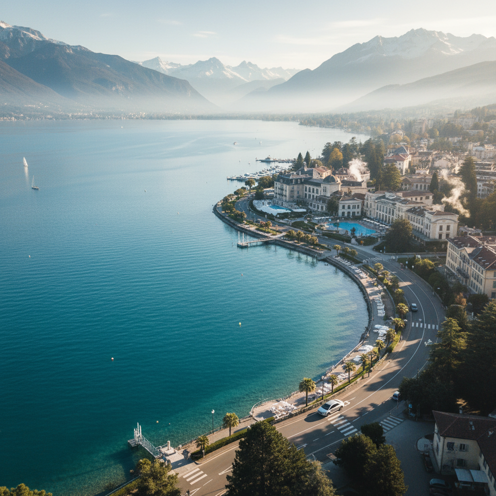 Lac du Bourget et la ville thermale d'Aix-les-Bains vue depuis les hauteurs