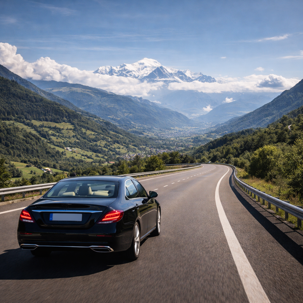 Lyon Genève par autoroute blanche, vue Mont-Blanc en berline Mercedes Lyon VTC