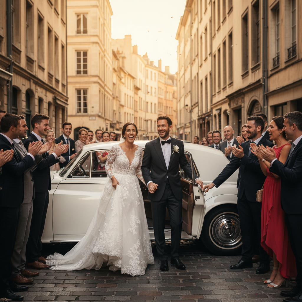 Mariés montant dans une voiture de luxe avec chauffeur à Lyon