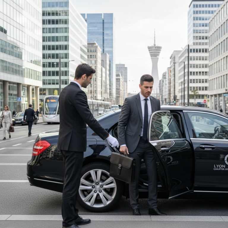 Chauffeur privé ouvrant la porte pour un professionnel à Lyon