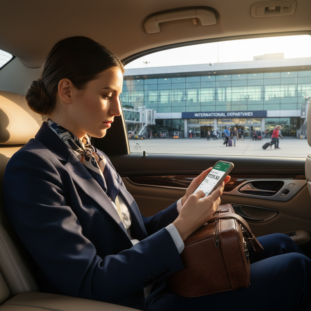Passager vérifiant le prix d’un VTC sur son téléphone avant un trajet vers l’aéroport de Lyon