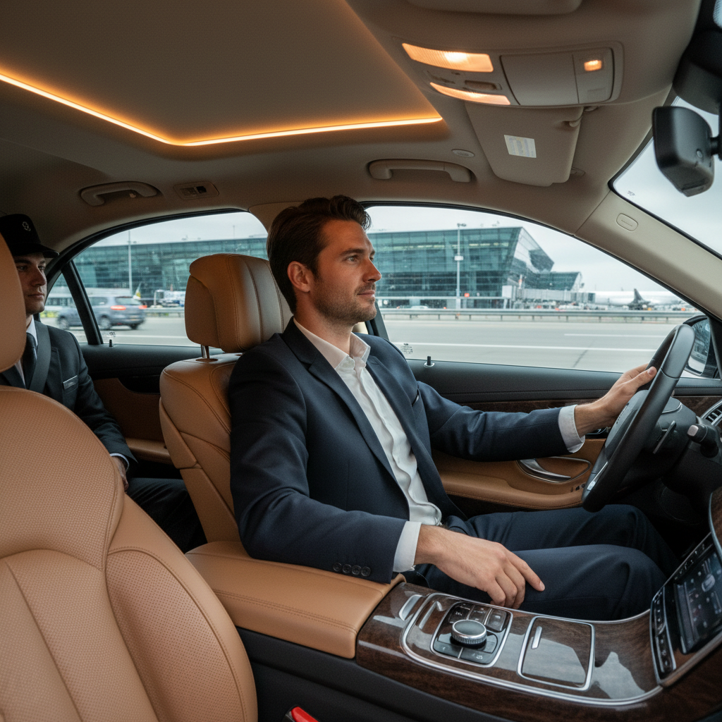 Passager confortablement installé dans un VTC en route vers l’aéroport de Lyon