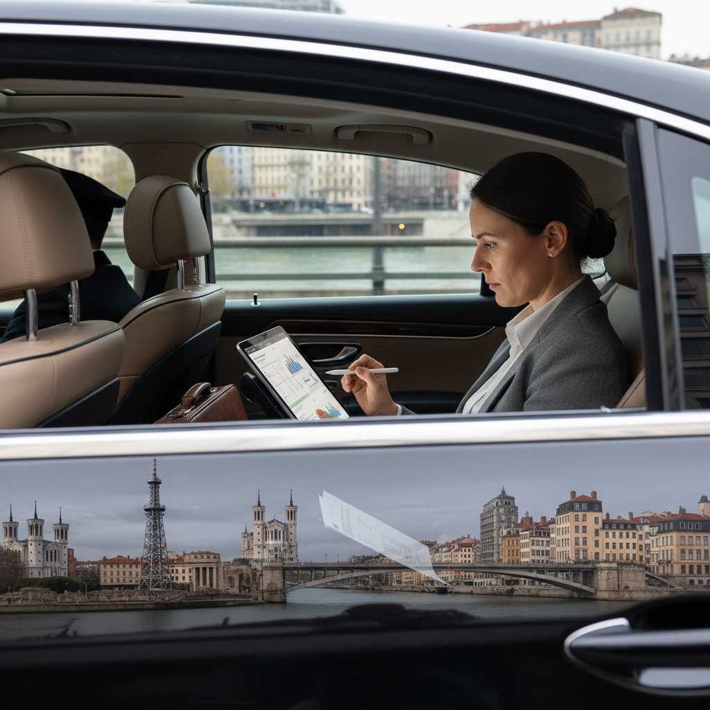 Professionnel travaillant à bord d un VTC lors de déplacements entre réunions à Lyon