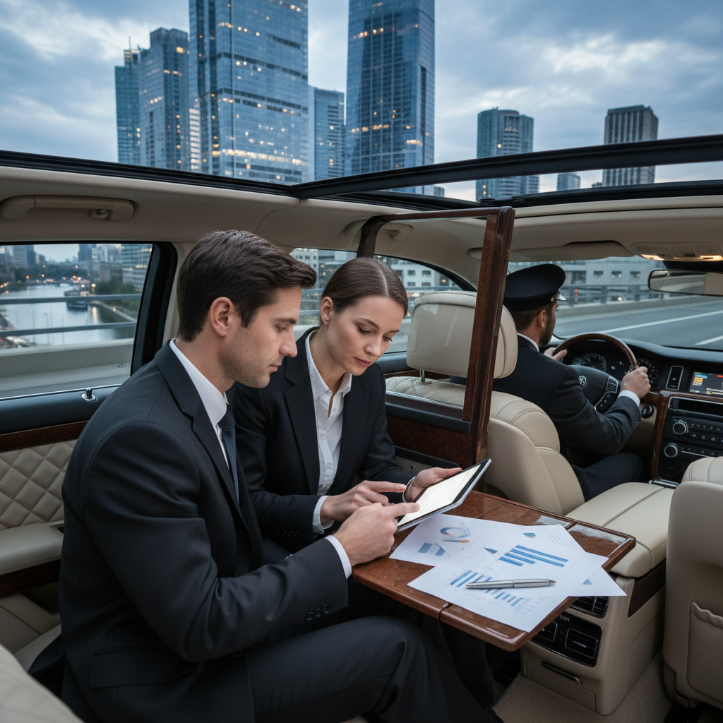 Professionnels en déplacement avec chauffeur privé vers un événement à Lyon