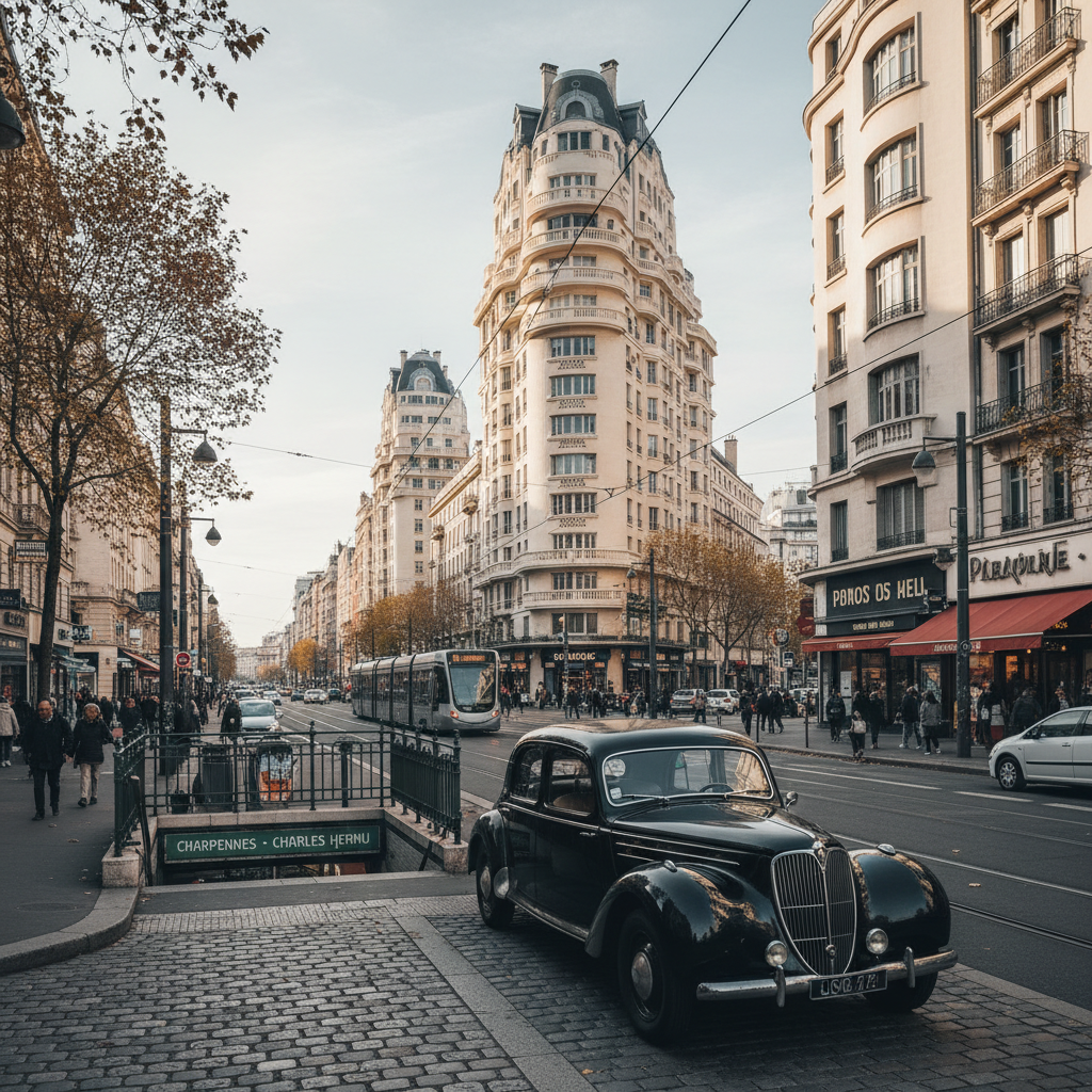 Quartier Gratte-Ciel à Villeurbanne avec une berline VTC garée