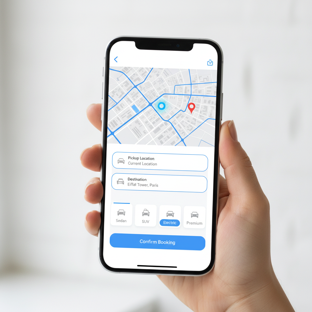 Interface de réservation VTC Lyon sur smartphone avec carte et sélection de véhicule