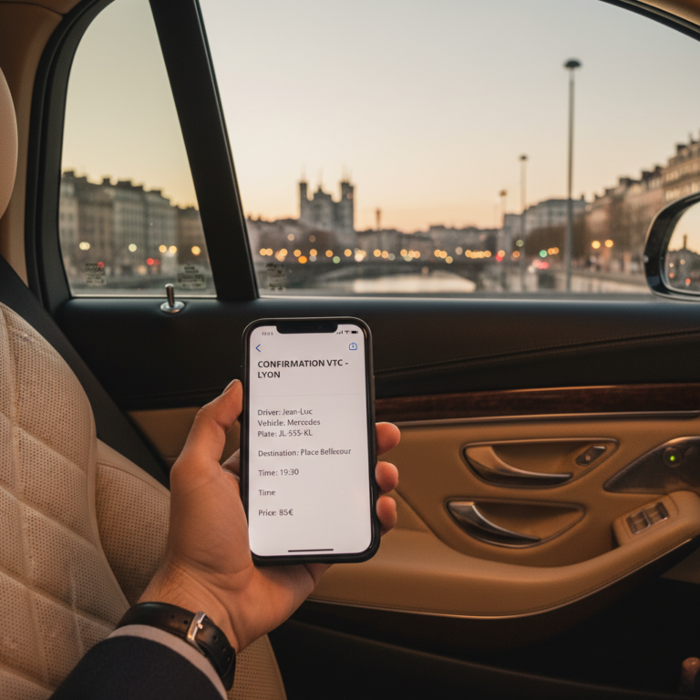 Réservation d'un VTC à Lyon sur smartphone depuis une berline