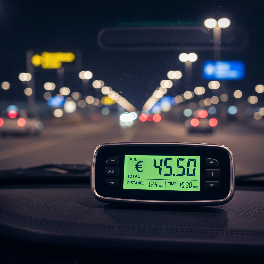 Compteur de taxi affichant le tarif d’une course vers l’aéroport de Lyon