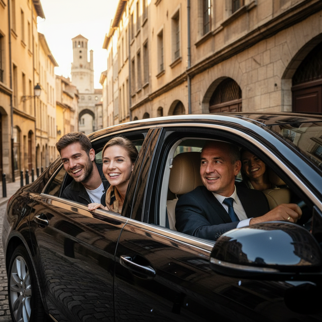 Touristes découvrant le Vieux Lyon depuis un VTC avec chauffeur privé