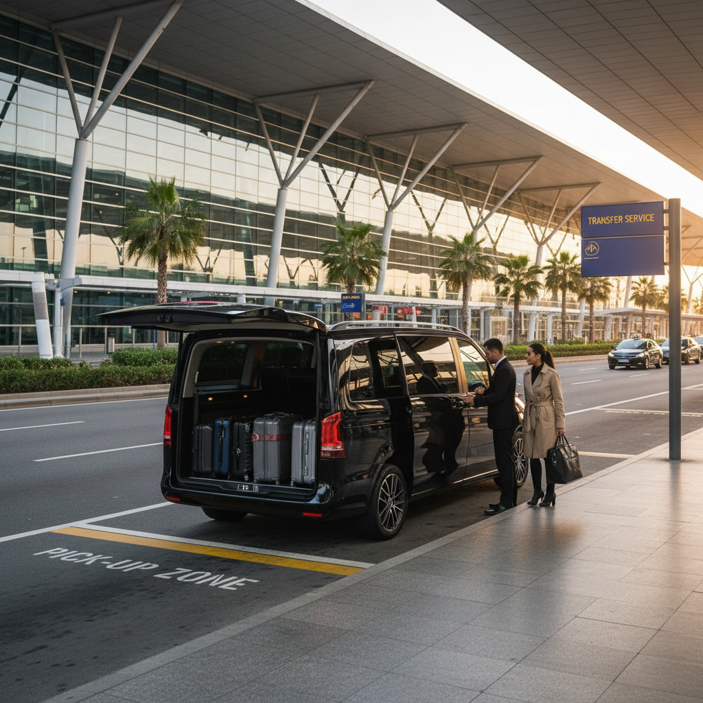 Van Mercedes Classe V avec bagages au terminal de l'aéroport Lyon Saint-Exupéry