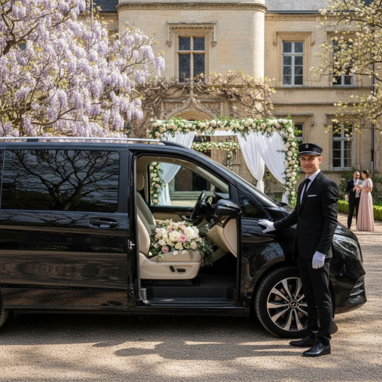 Van Mercedes avec chauffeur devant un lieu de réception de mariage à Lyon