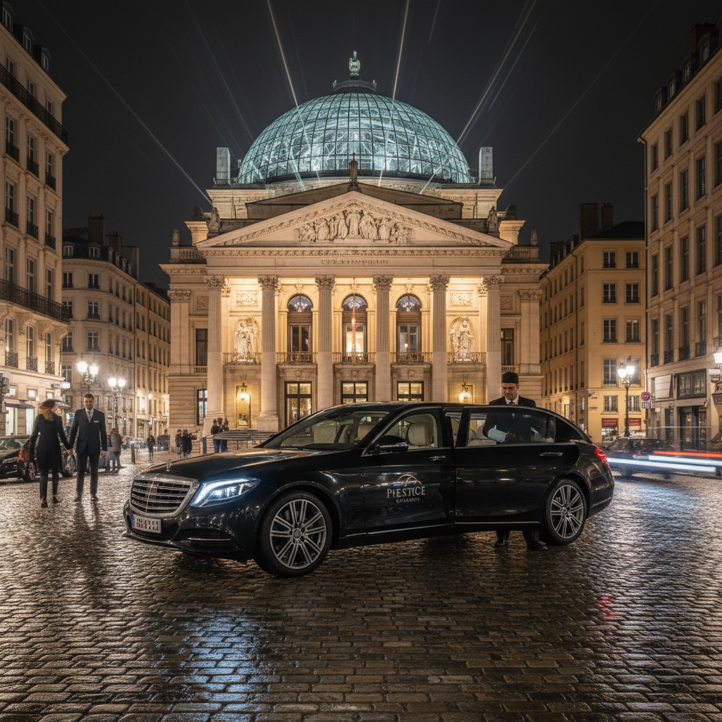 Voiture de luxe avec chauffeur devant l’Opéra de Lyon illuminé la nuit