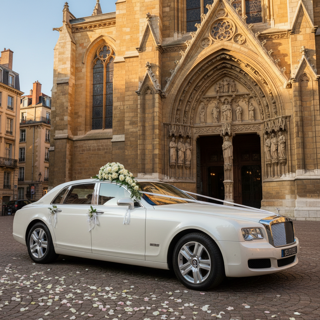 Voiture de mariage blanche décorée de fleurs devant une église à Lyon