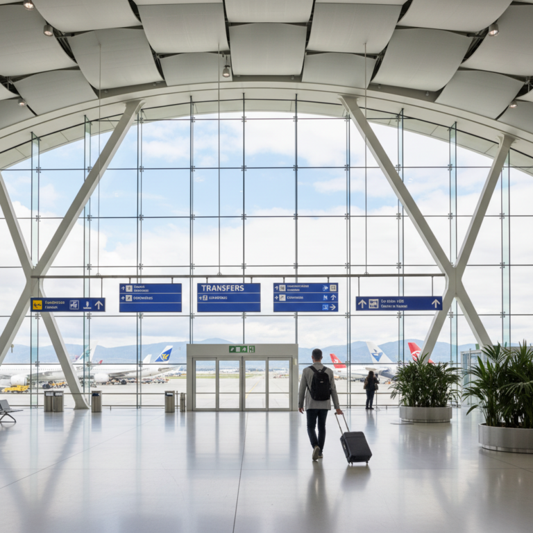 Voyageur dans le terminal de l'aéroport de Lyon — voyage en toute tranquillité avec un VTC fiable et ponctuel