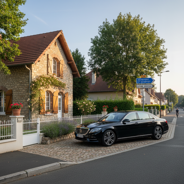 Berline VTC devant une maison à Bron, proche de l'aéroport de Lyon