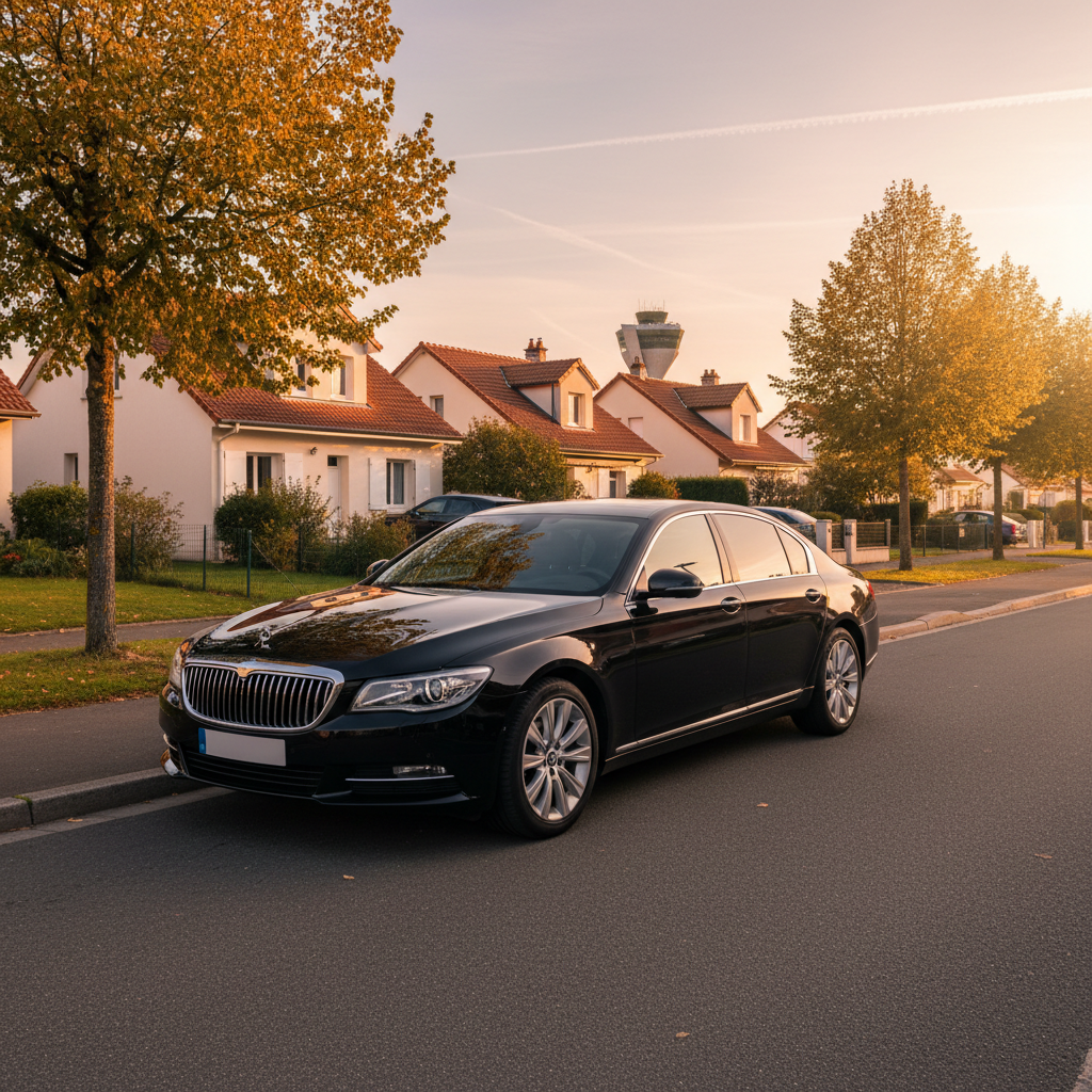 Voiture VTC stationnée dans un quartier résidentiel de Bron près de l’aéroport de Lyon