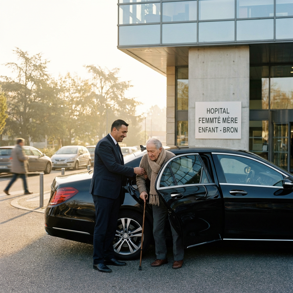 VTC Bron transfert vers la métropole lyonnaise — berline avec chauffeur prête au départ depuis Bron Rhône