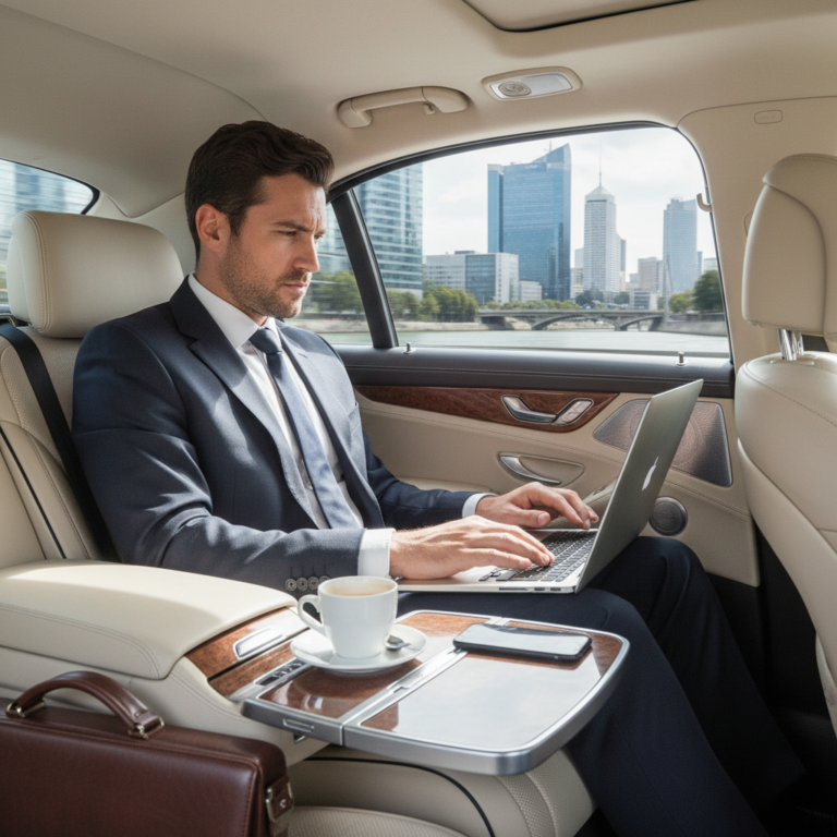 Professionnel travaillant sur son ordinateur à l'arrière d'une berline VTC à Lyon