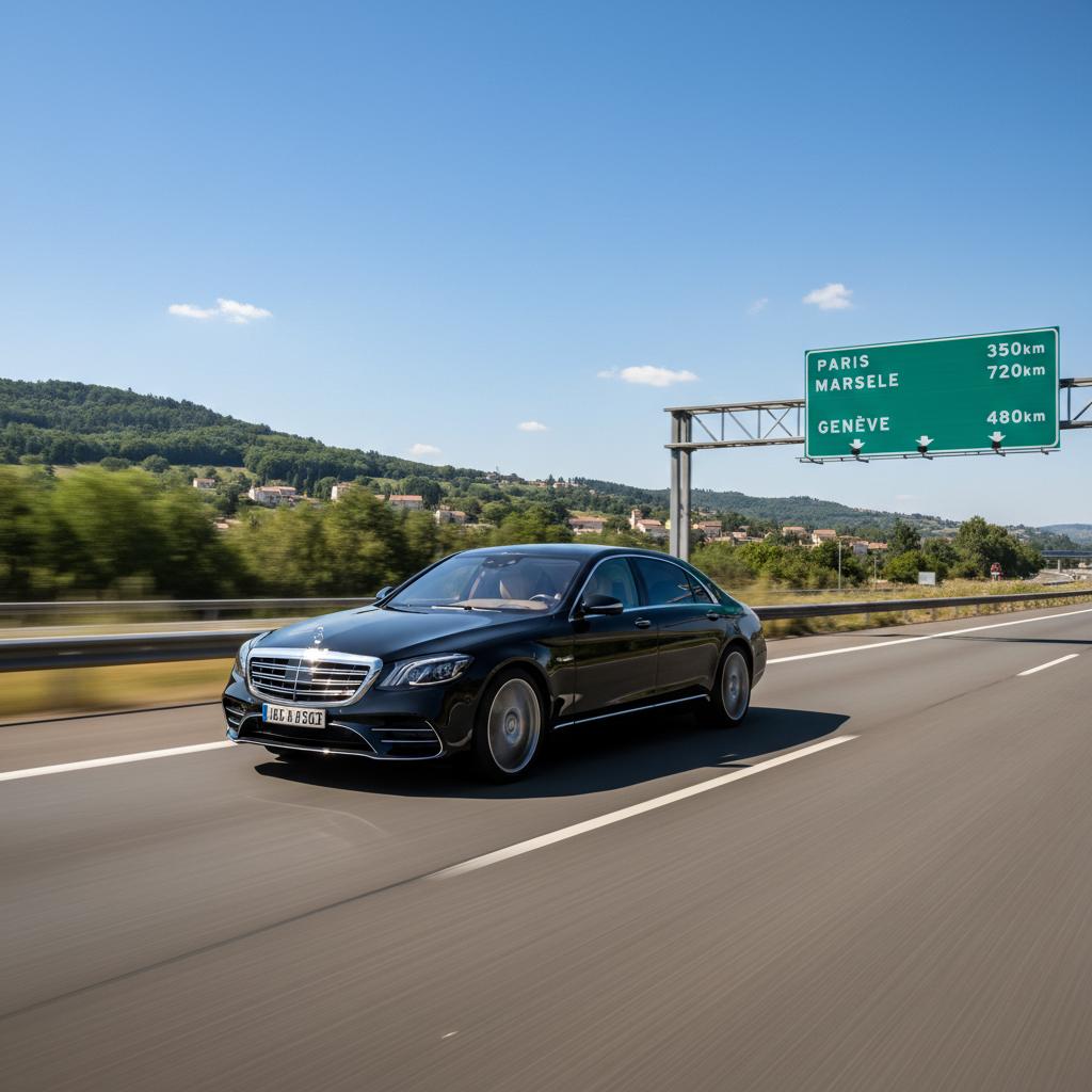 Berline VTC de luxe sur autoroute française pour trajet longue distance depuis Lyon