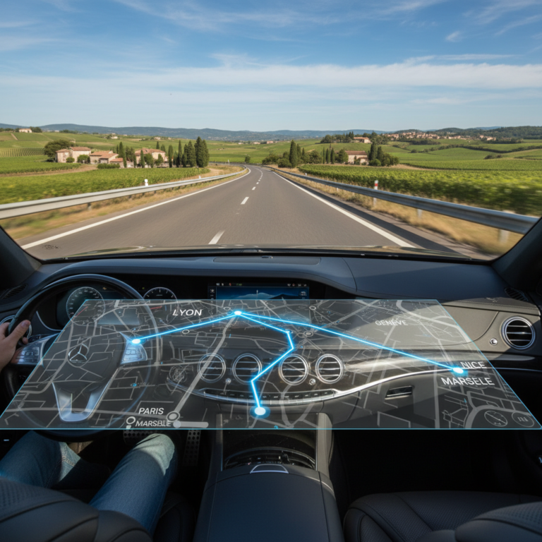 Berline VTC sur autoroute avec paysage français en direction de plusieurs destinations