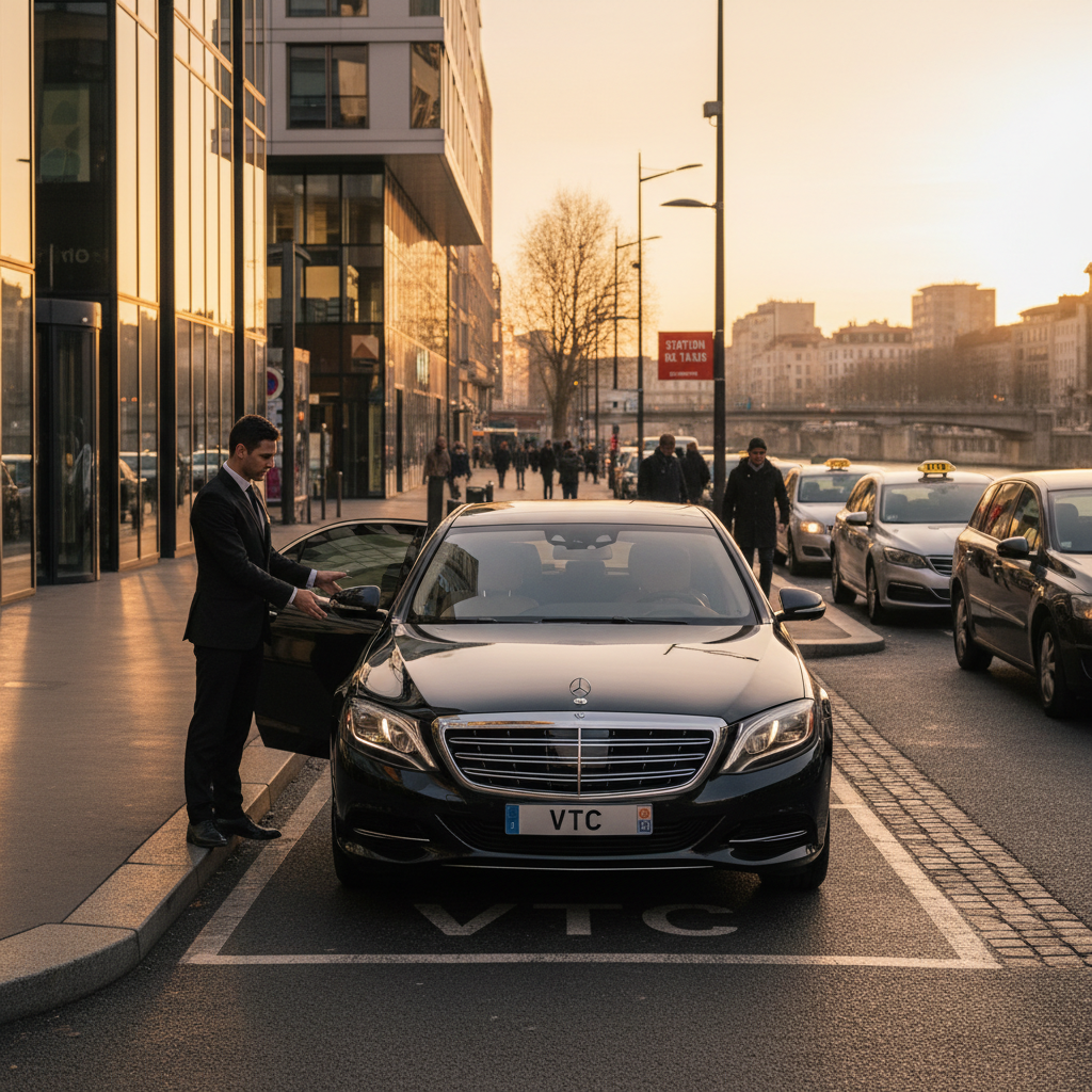 Berline VTC arrivant devant une station de taxi à Lyon