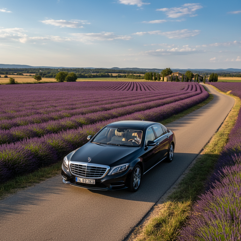 Berline VTC sur la route entre Lyon et Avignon traversant les champs de lavande en Provence