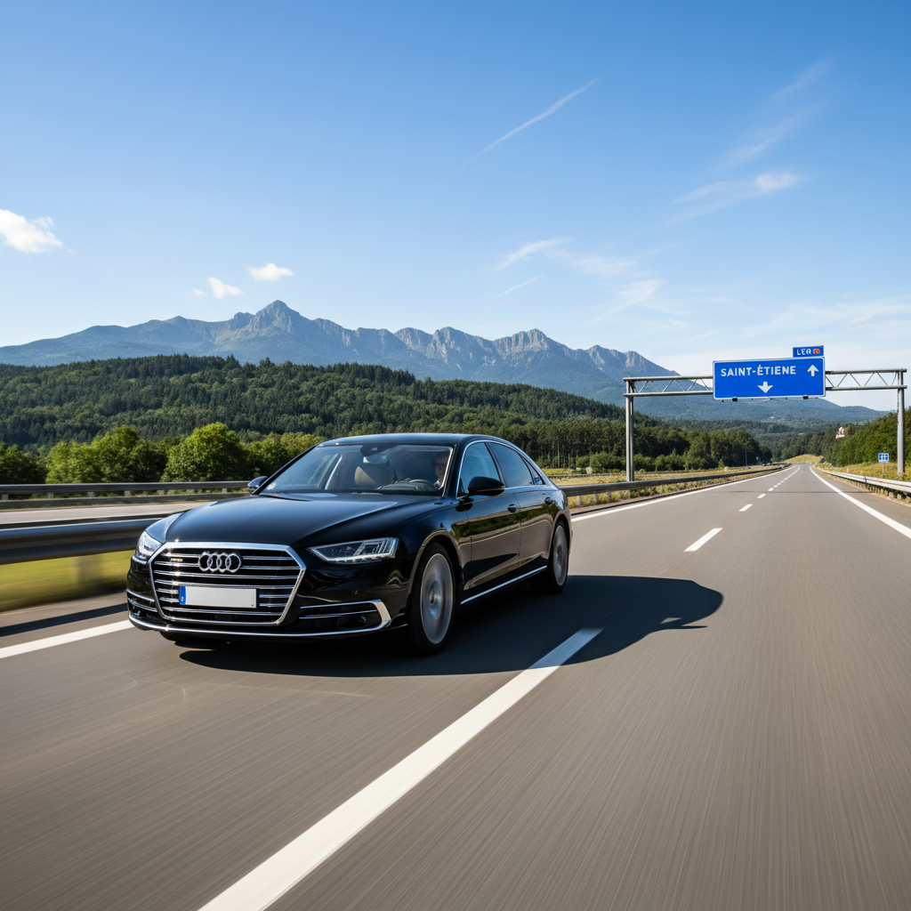 VTC sur l autoroute A47 entre Lyon et Saint-Étienne avec vue sur les monts du Pilat