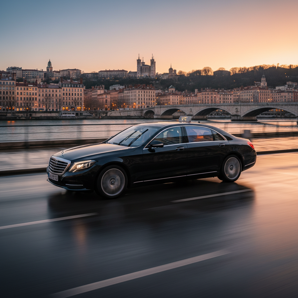 Véhicule VTC traversant Lyon au crépuscule, service chauffeur privé disponible 24h/24