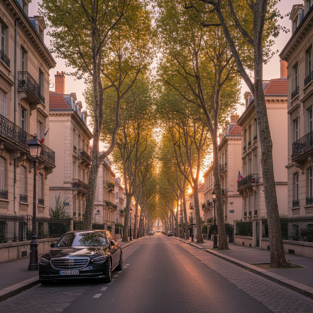 Rue résidentielle calme du quartier Montchat à Lyon avec berline premium