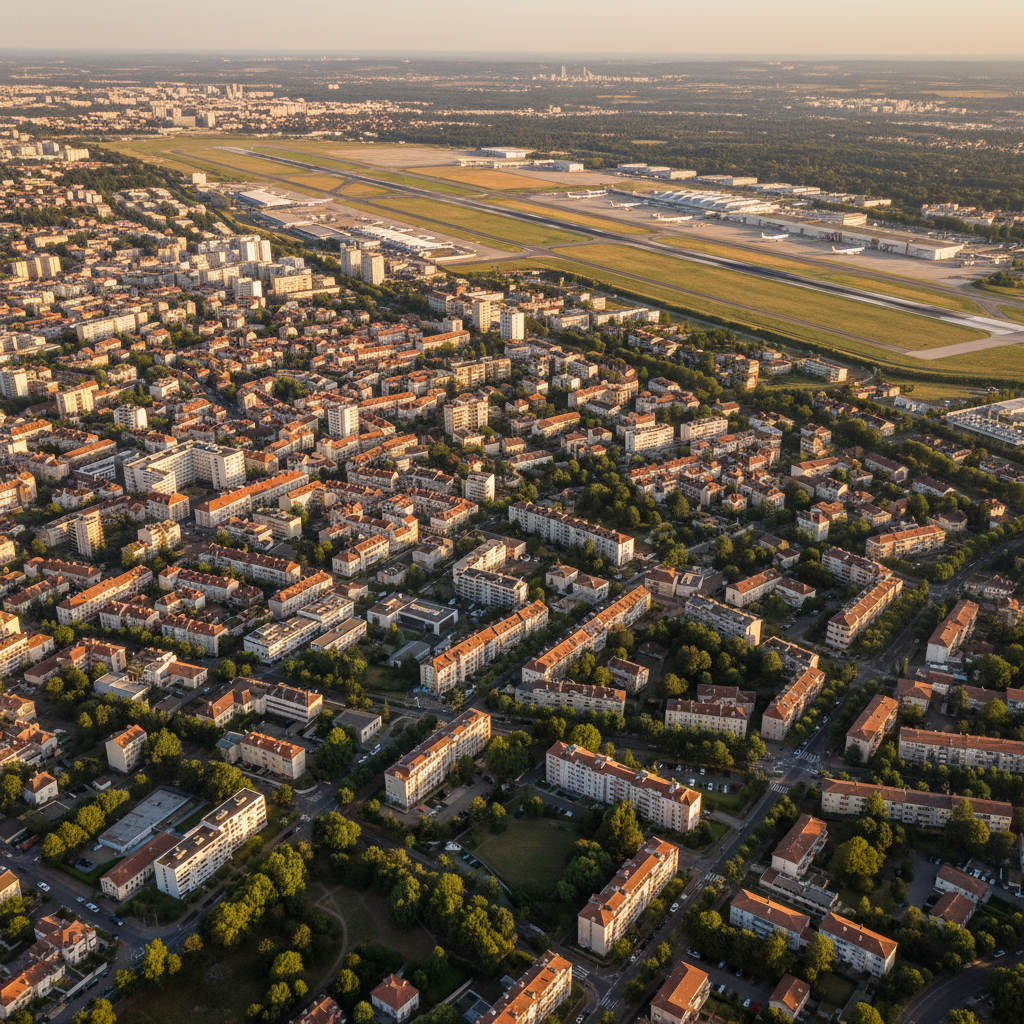 Vue aérienne de Bron montrant la proximité avec l’aéroport Lyon Saint-Exupéry