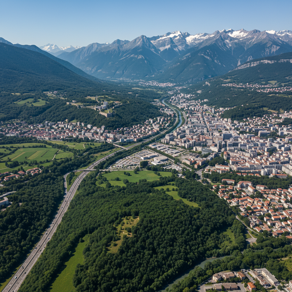 Vue aérienne de Grenoble avec les Alpes et l'autoroute vers Lyon