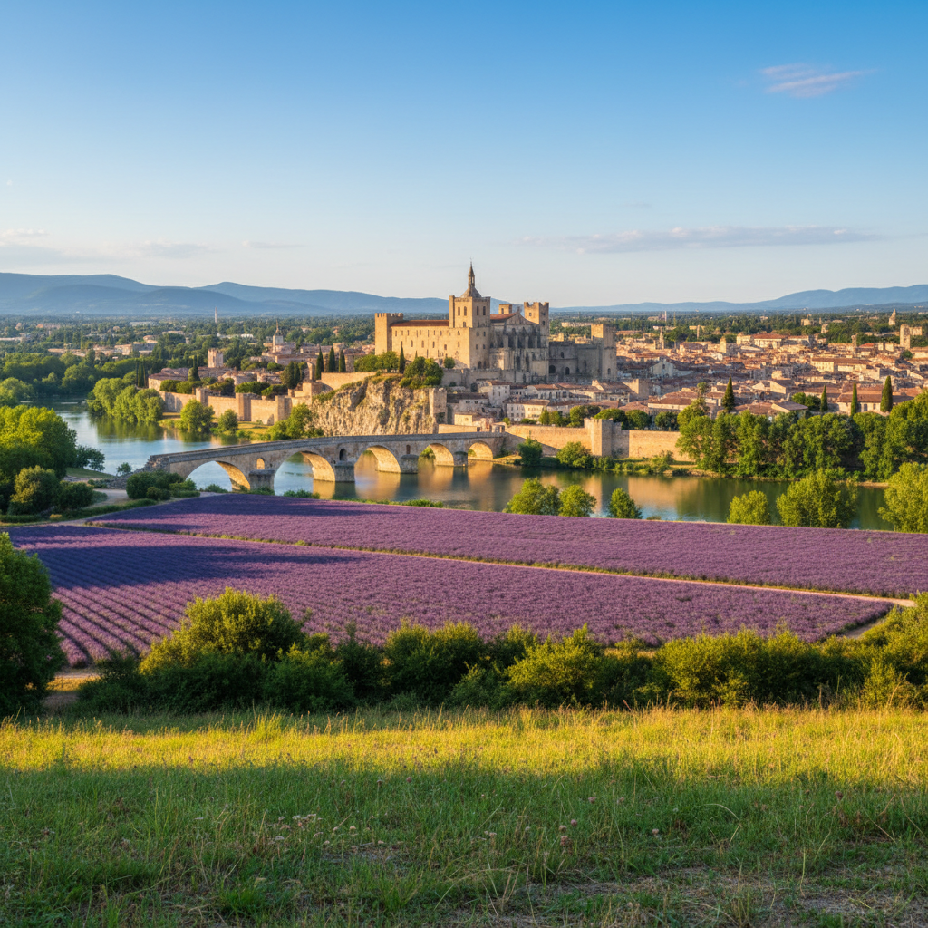Vue panoramique d'Avignon avec le Palais des Papes et le Pont