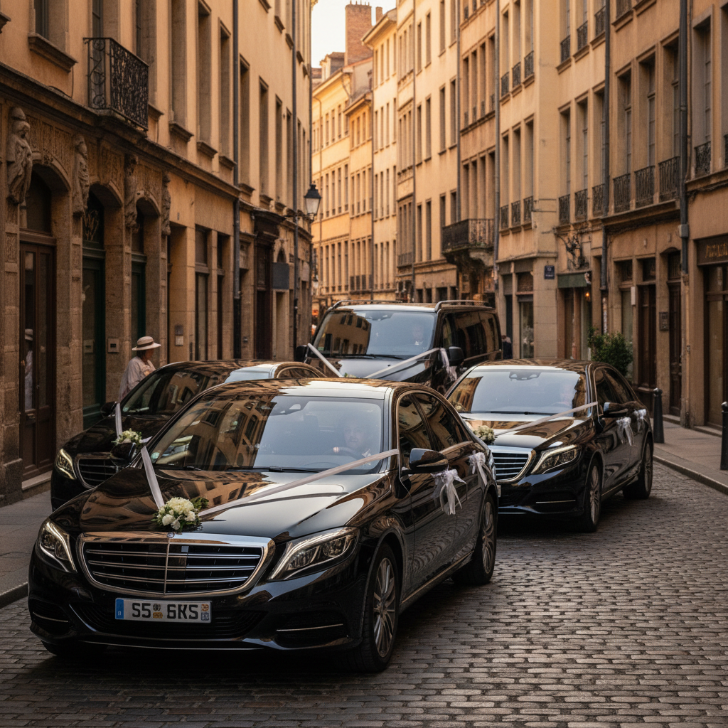 Cortège mariage 3 véhicules Mercedes Majestic Fleet dans le Vieux Lyon