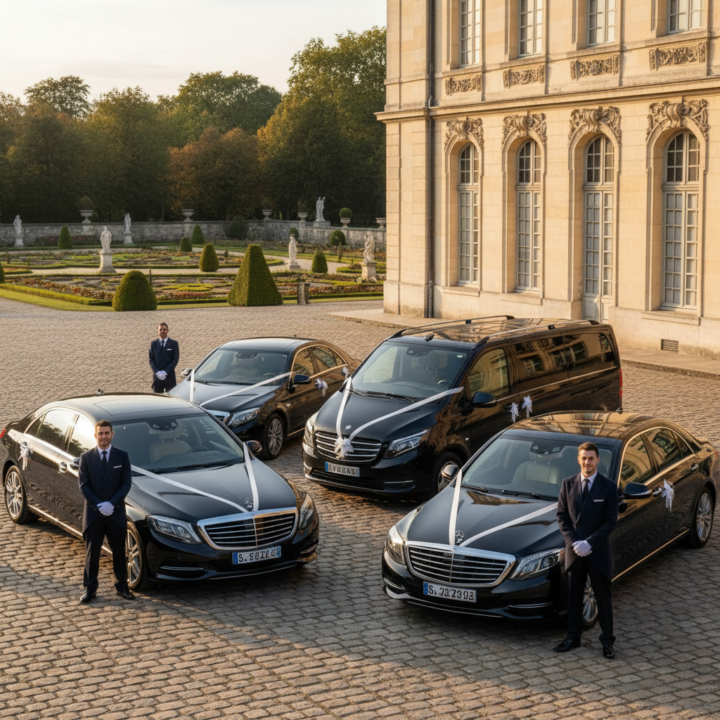 Équipe chauffeurs mariage Majestic Fleet et flotte Mercedes devant château Lyon