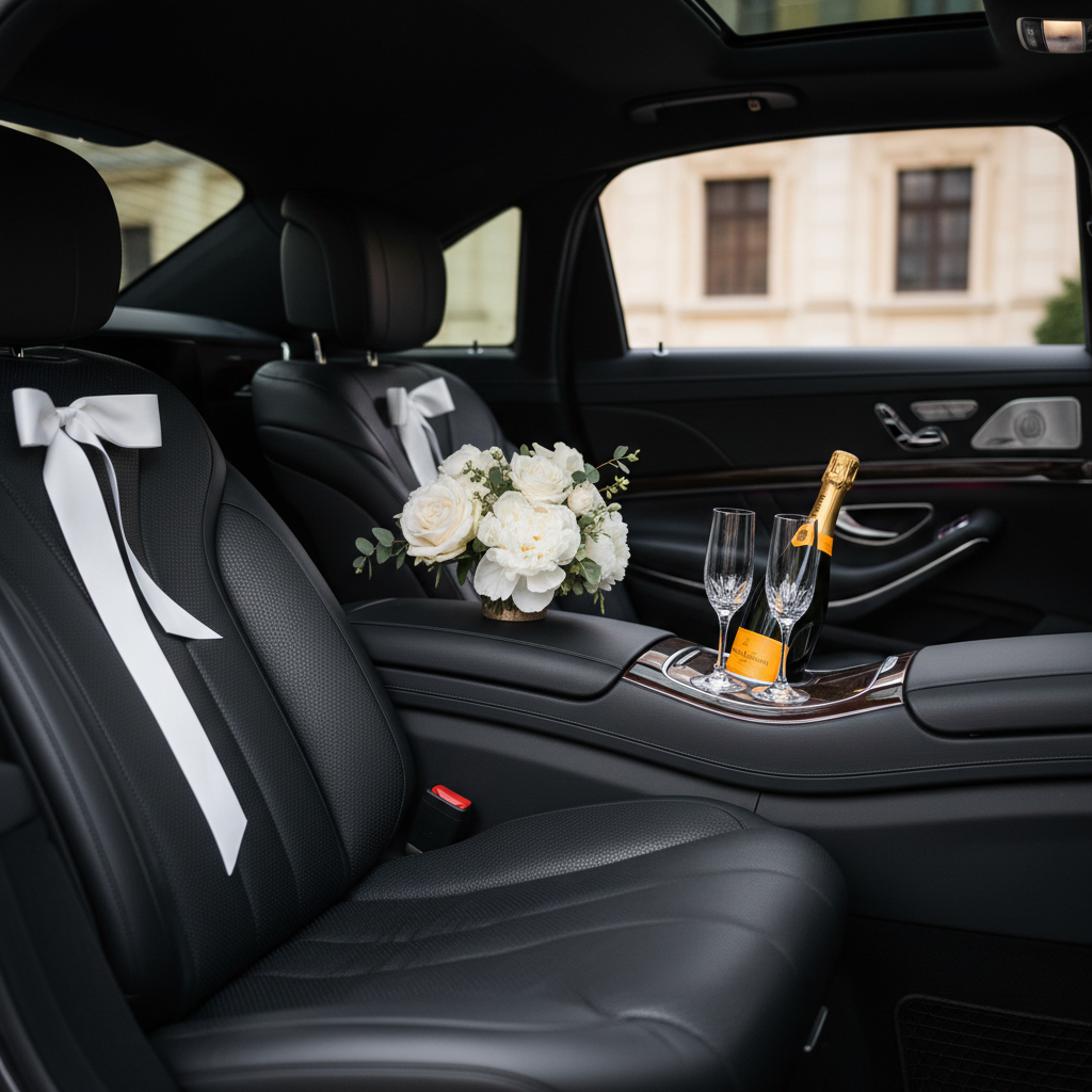 Intérieur voiture mariage Mercedes Classe S champagne et roses - Majestic Fleet