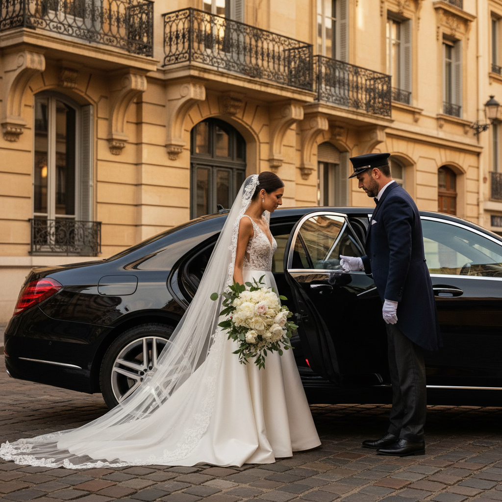Mariée et chauffeur privé Majestic Fleet à Lyon - voiture cérémonie mariage