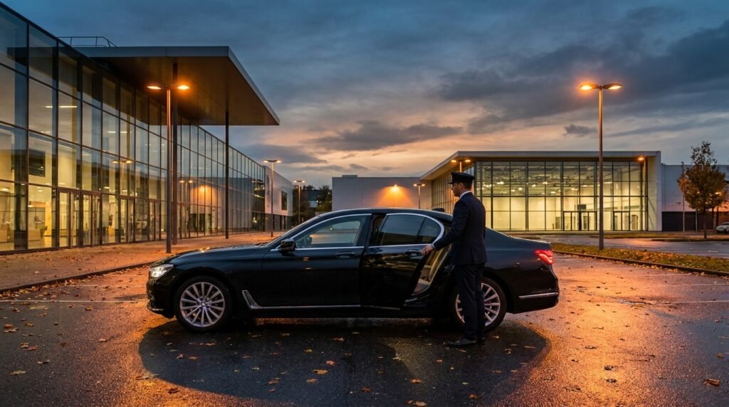 Berline premium avec chauffeur devant un parc des expositions lyonnais en soirée d'automne