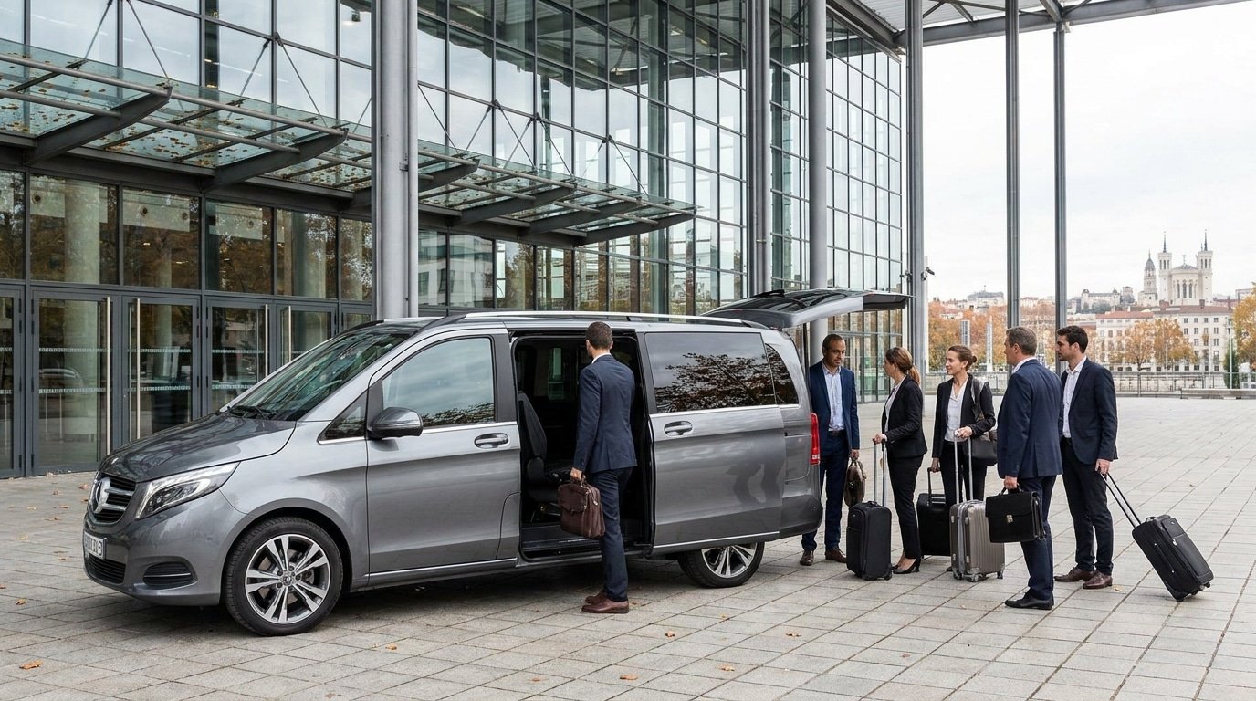 Van Mercedes Classe V avec chauffeur pour un groupe de professionnels devant un salon à Lyon